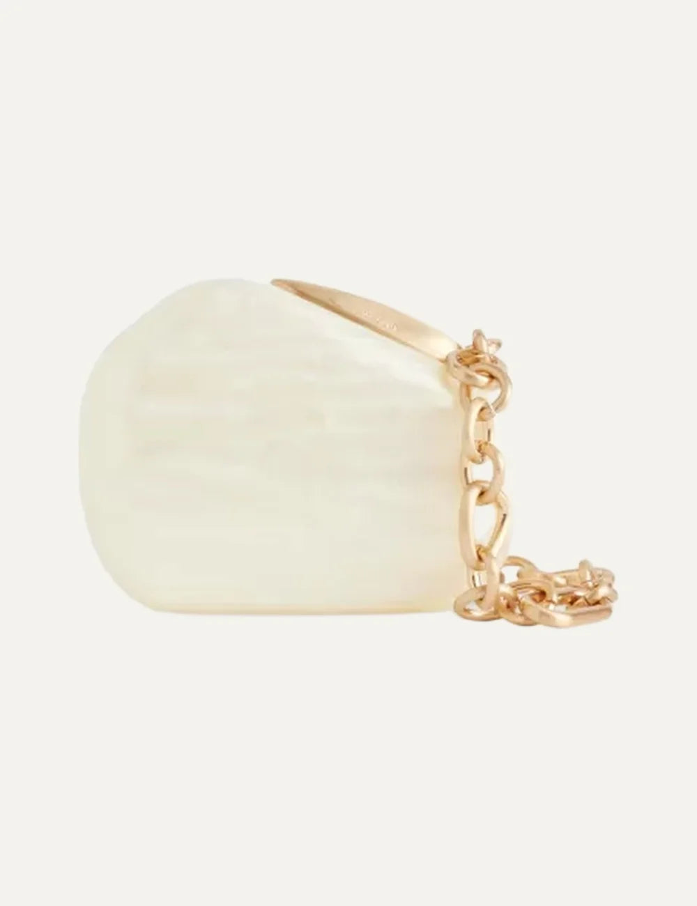 Cult Gaia ivory acrylic clutch bag with sculptural rounded silhouette, gold-tone chain shoulder strap and clasp fastening.