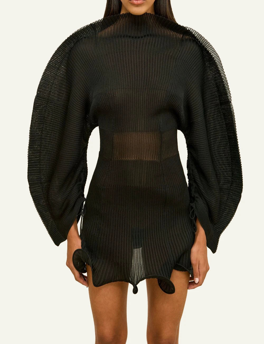 Women's Cult Gaia Jaylie black sheer knit mini dress with sculptural sleeves and wavy hem