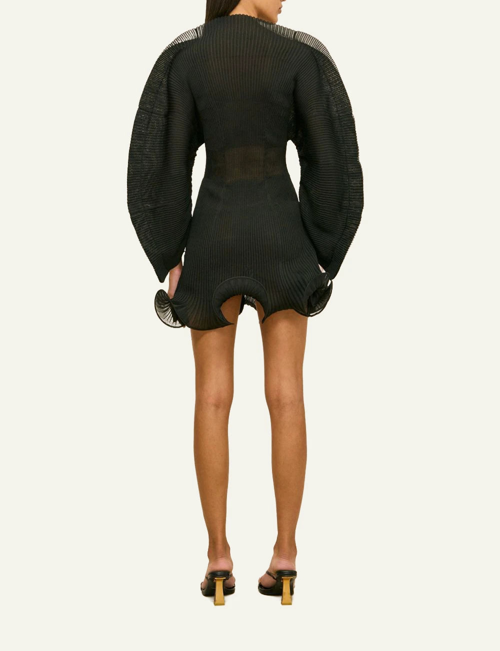 Women's Cult Gaia Jaylie black sheer knit mini dress with sculptural sleeves and wavy hem back