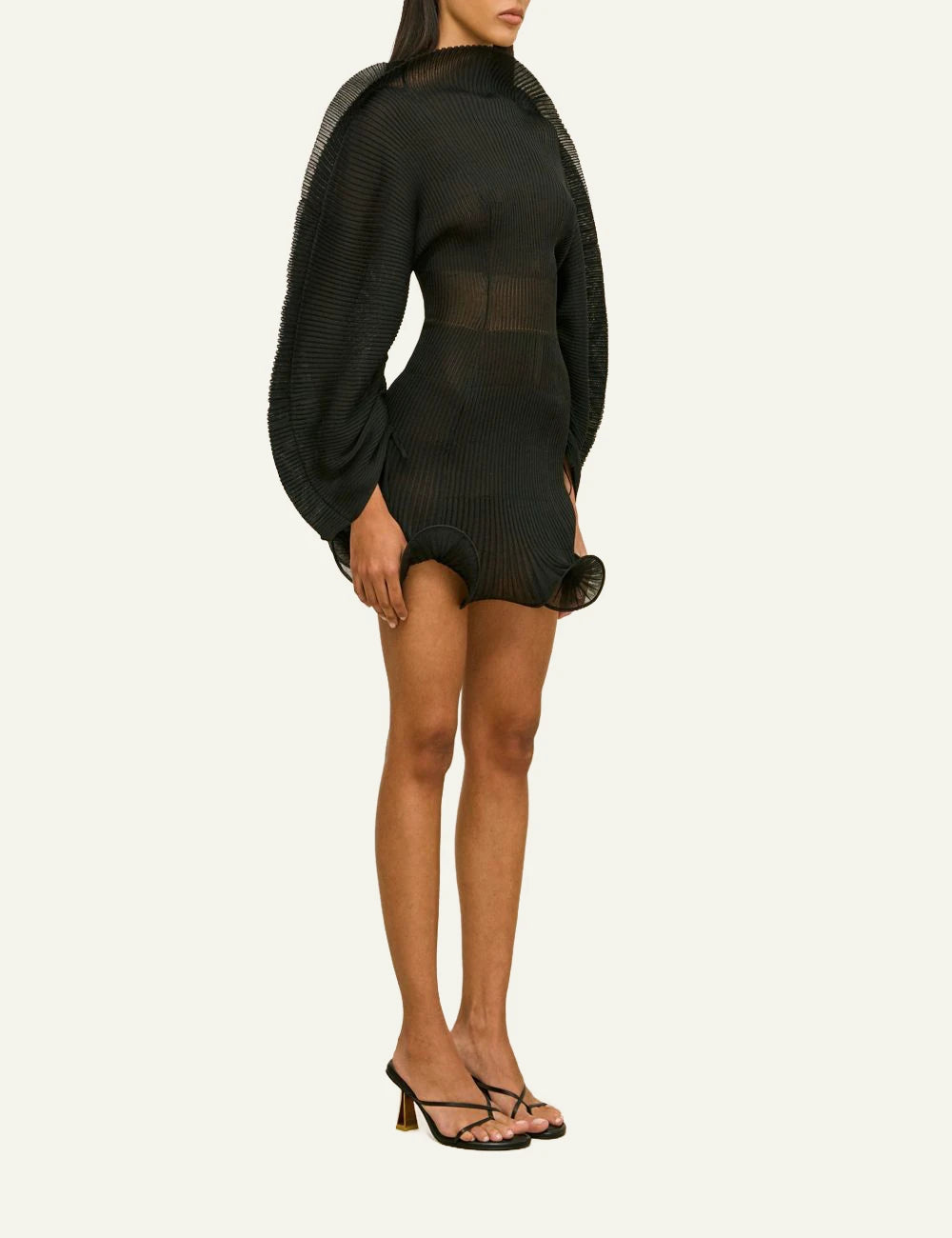 Women's Cult Gaia Jaylie black sheer knit mini dress with sculptural sleeves and wavy hem side