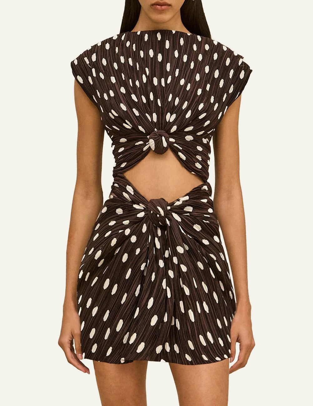 Women's Cult Gaia Marilou brown polka dot plisse mini dress with front cutout and open back
