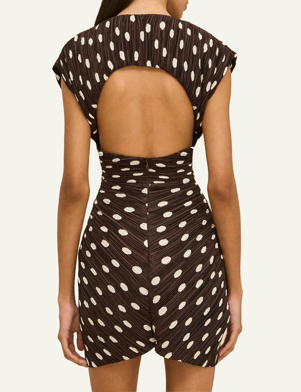 Women's Cult Gaia Marilou brown polka dot plisse mini dress with front cutout and open back back detail