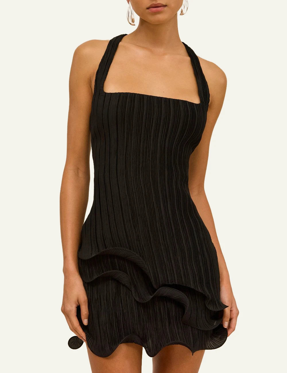 Women's Cult Gaia Marsa black plisse mini dress with square neckline and ruffled hem