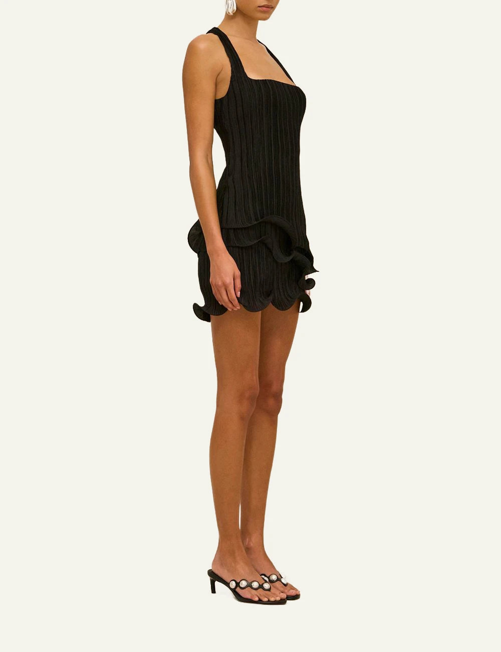 Women's Cult Gaia Marsa black plisse mini dress with square neckline and ruffled hem side 
