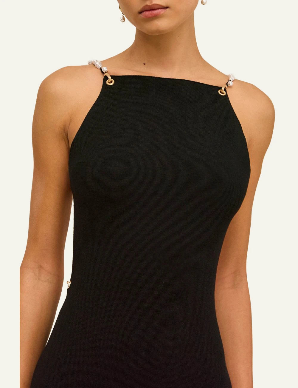Women's Cult Gaia Melba black knit mini dress with pearl embellished straps and open back model