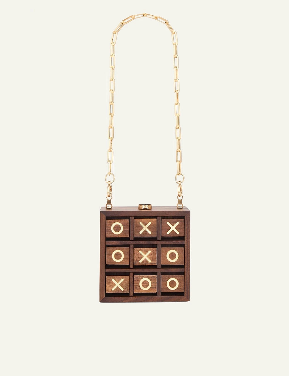 cult gaia wooden tic tac toe clutch gold chain handle front view