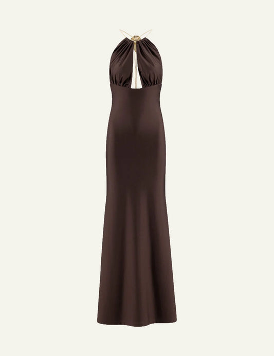 Daname Women’s Dark Brown Halter-Neck Maxi Dress front view