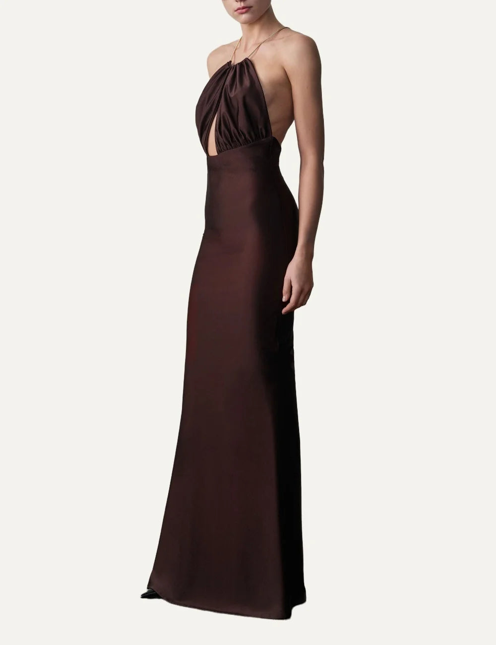 Daname Women’s Dark Brown Halter-Neck Maxi Dress worn by model
