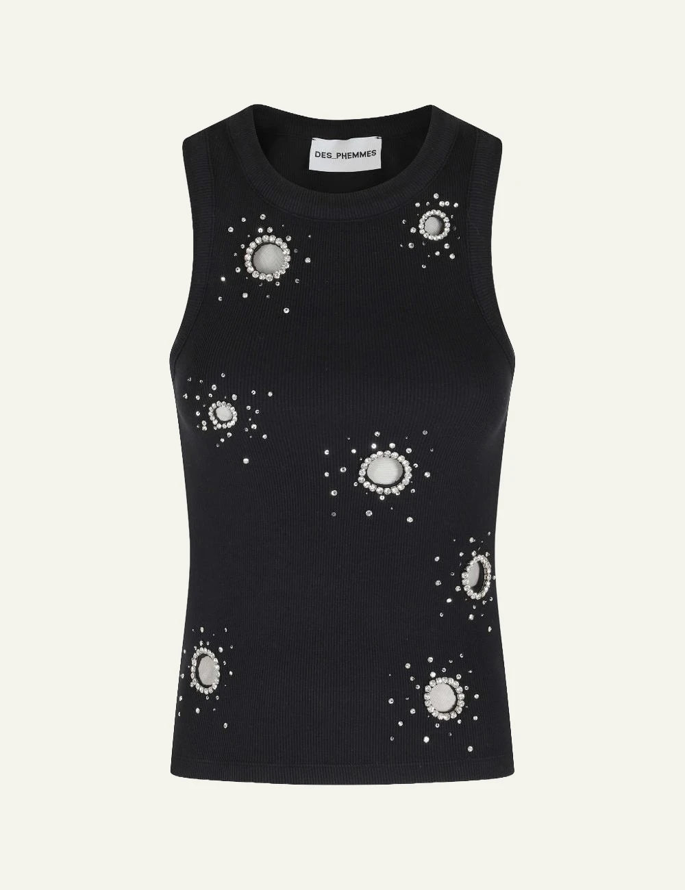 Des Phemmes classic tank top black rib me crystal embellishments front view