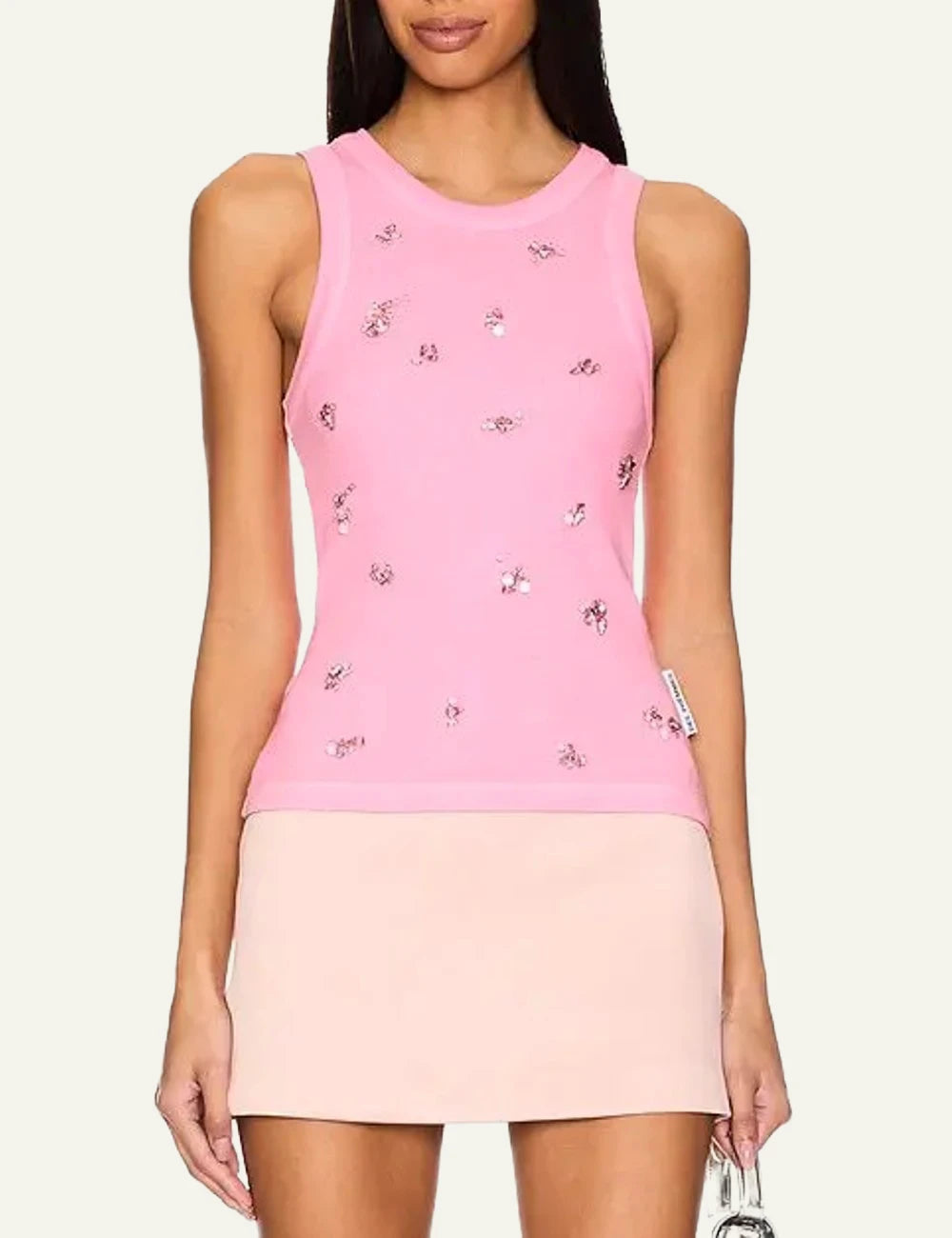 Des Phemmes classic tank top candy pink rib me crystal embellishments model front view