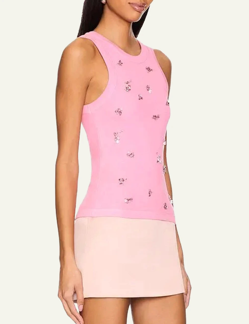 Des Phemmes classic tank top candy pink rib me crystal embellishments model side view