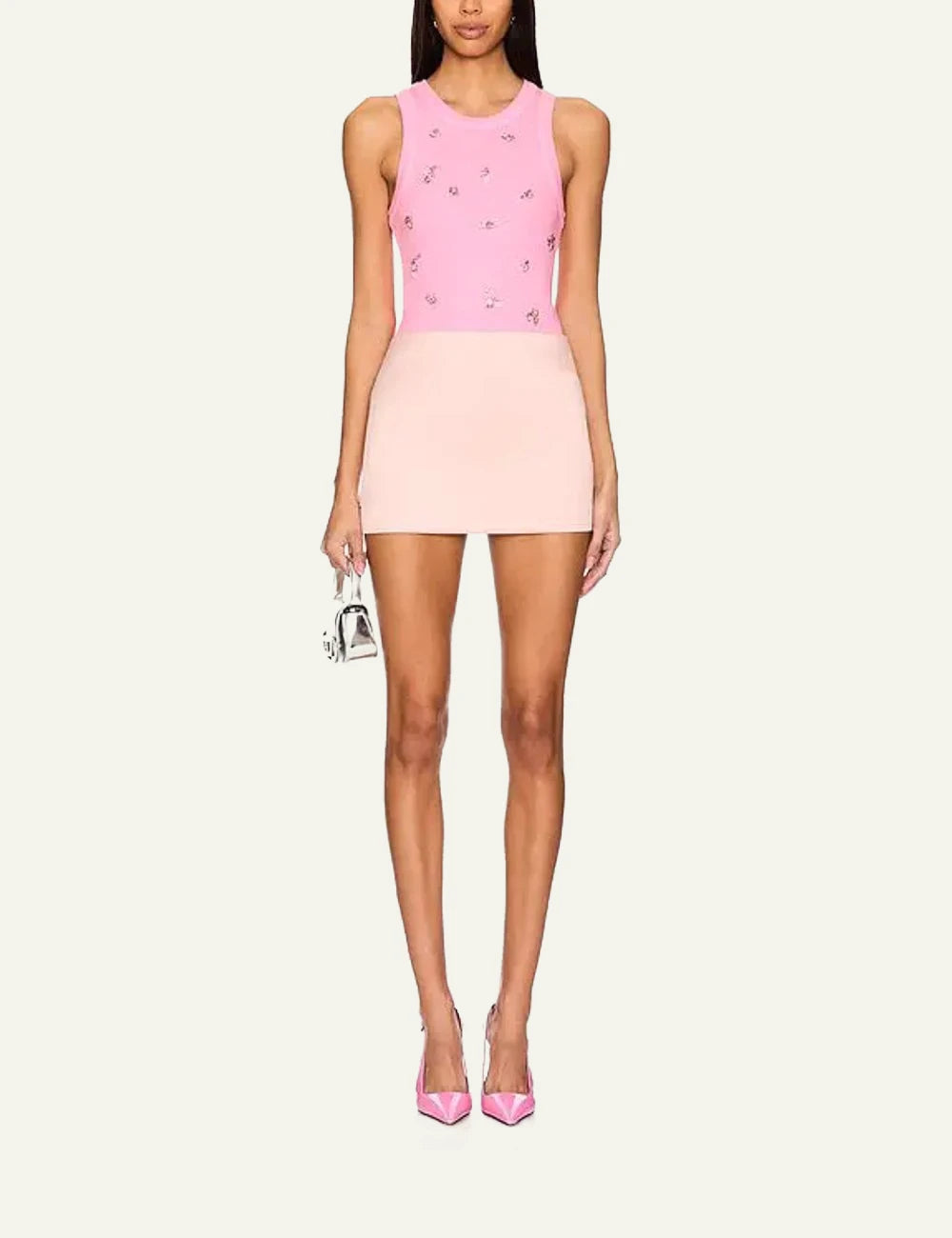 Des Phemmes classic tank top candy pink rib me crystal embellishments model front full body view