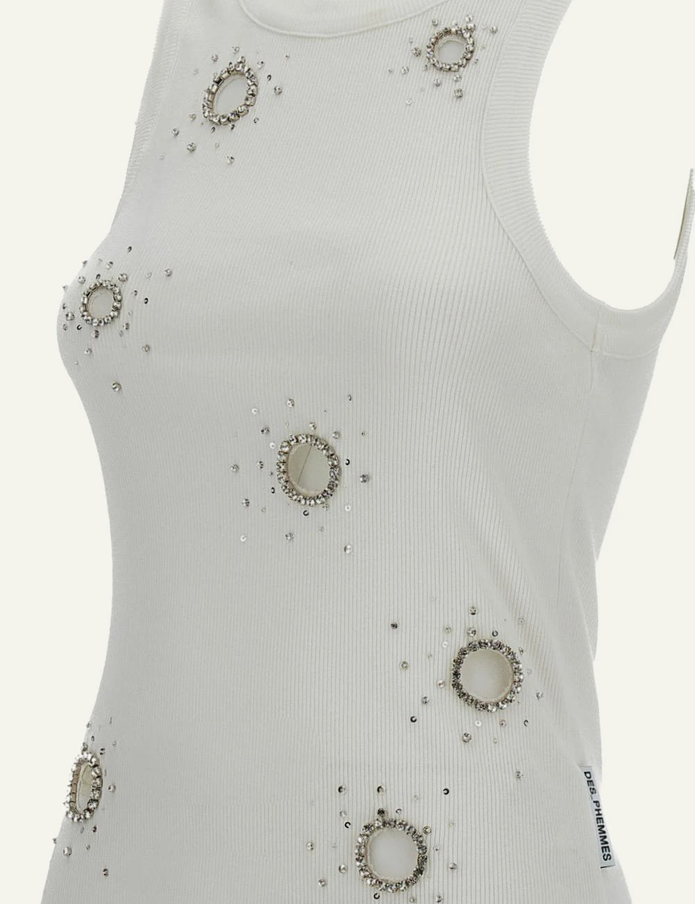 Des Phemmes classic tank top off white rib me crystal embellishments side view