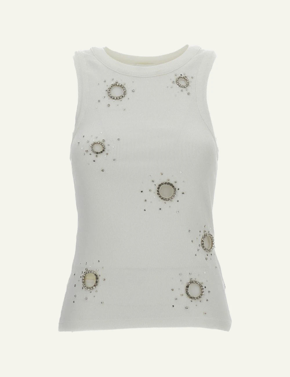 Des Phemmes classic tank top off white rib me crystal embellishments front view