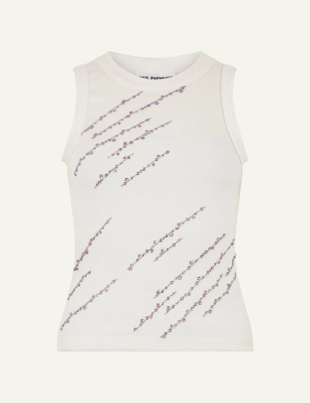 Des Phemmes classic tank top off white rib me linear crystal embellishments front view
