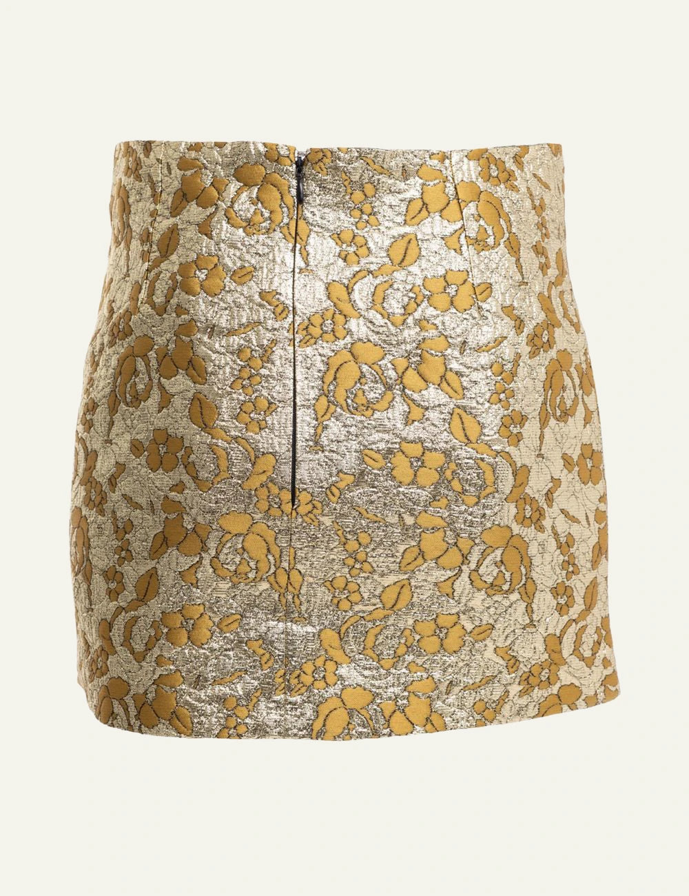 Des Phemmes micro skirt gold olive floral jacquard metallic texture back view