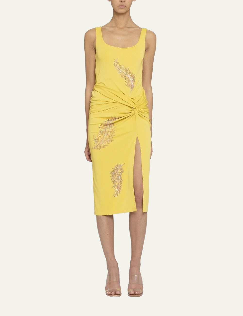 Des Phemmes tank top midi dress mango yellow me beaded embellishments knot detail front full body view