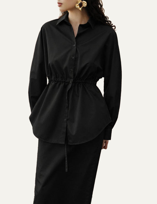 Devotion Twins Realm shirt black cotton poplin waist drawstring front model view