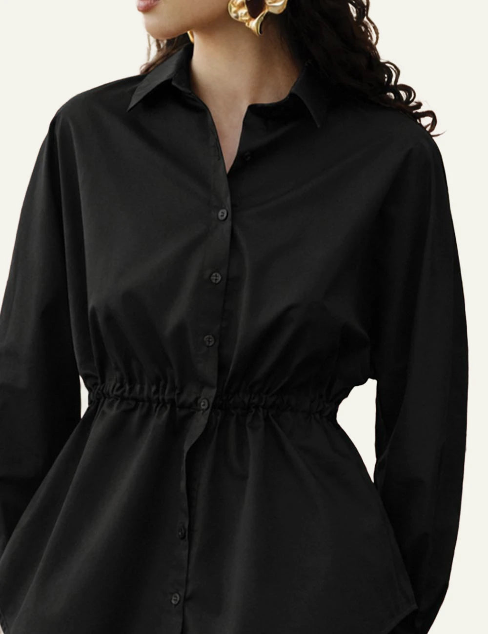Devotion Twins Realm shirt black cotton poplin waist drawstring front model detail view