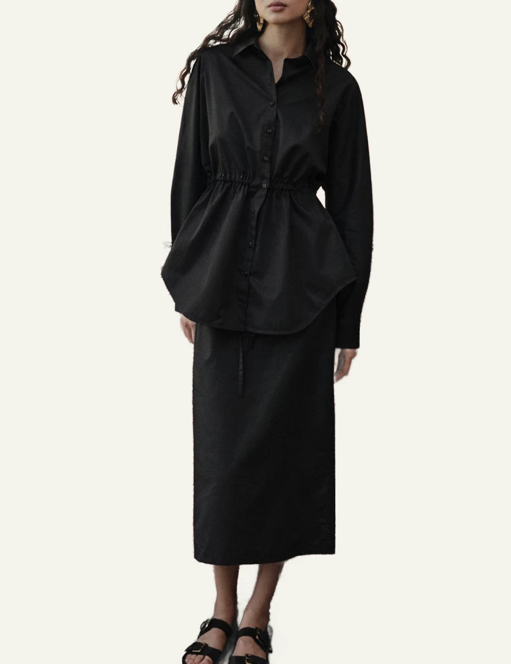 Devotion Twins Realm shirt black cotton poplin waist drawstring front full body model view