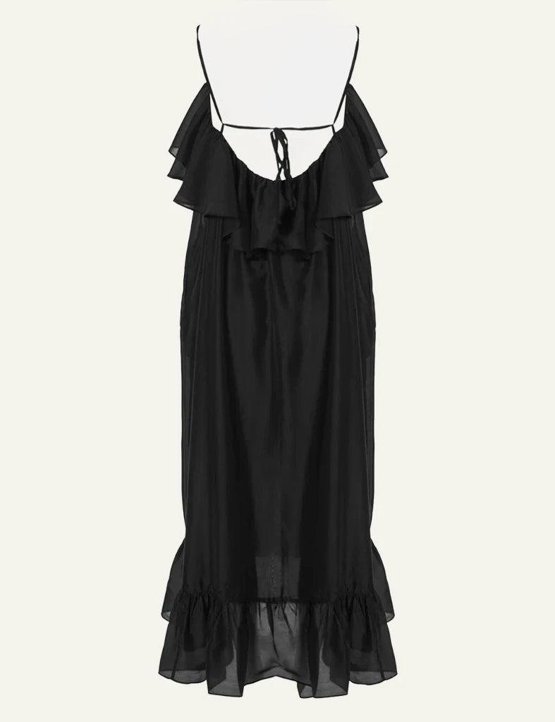Devotion Twins black maxi dress ruffle straps flowy back flat view