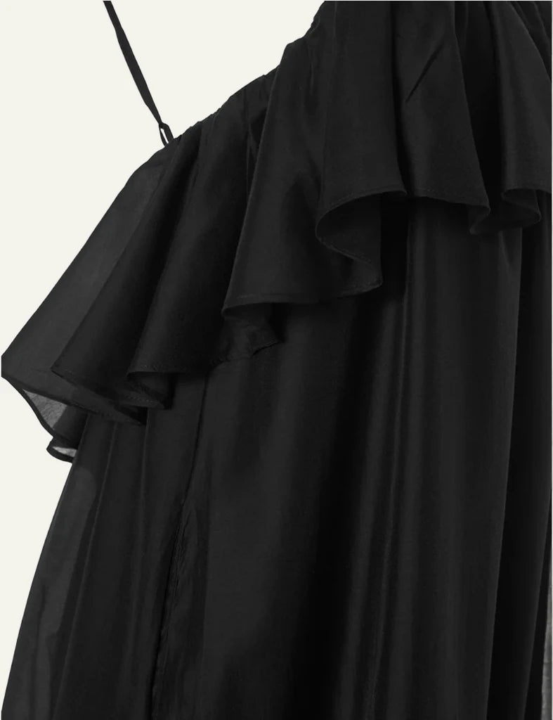 Devotion Twins black maxi dress ruffle straps flowy detail view