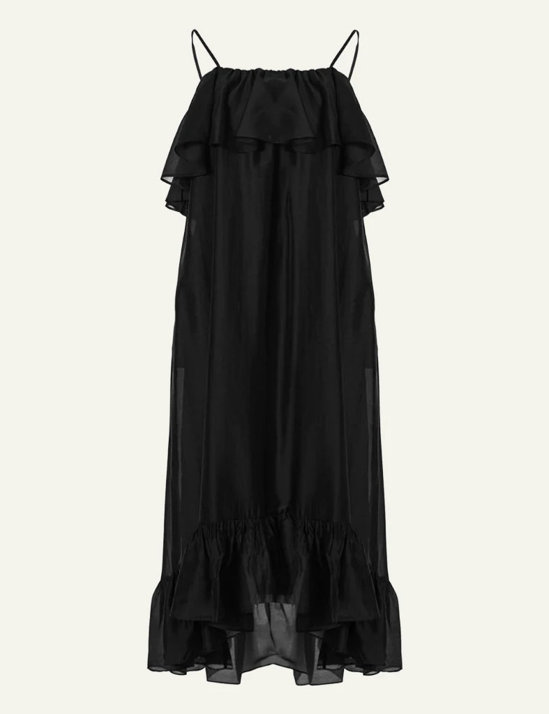 Devotion Twins black maxi dress ruffle straps flowy front flat view