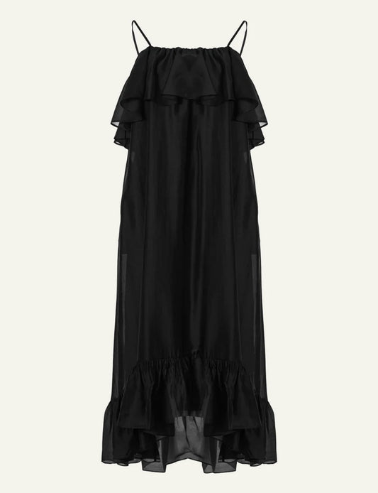 Devotion Twins black maxi dress ruffle straps flowy front flat view