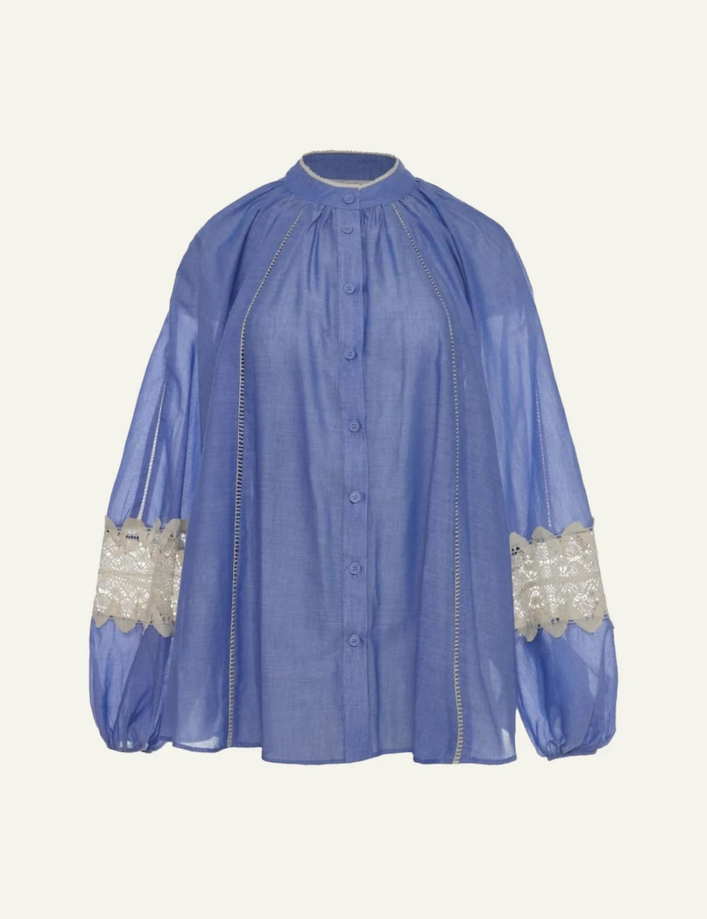 Devotion Twins blouse blue cotton lace voile details airy sleeves front flat view