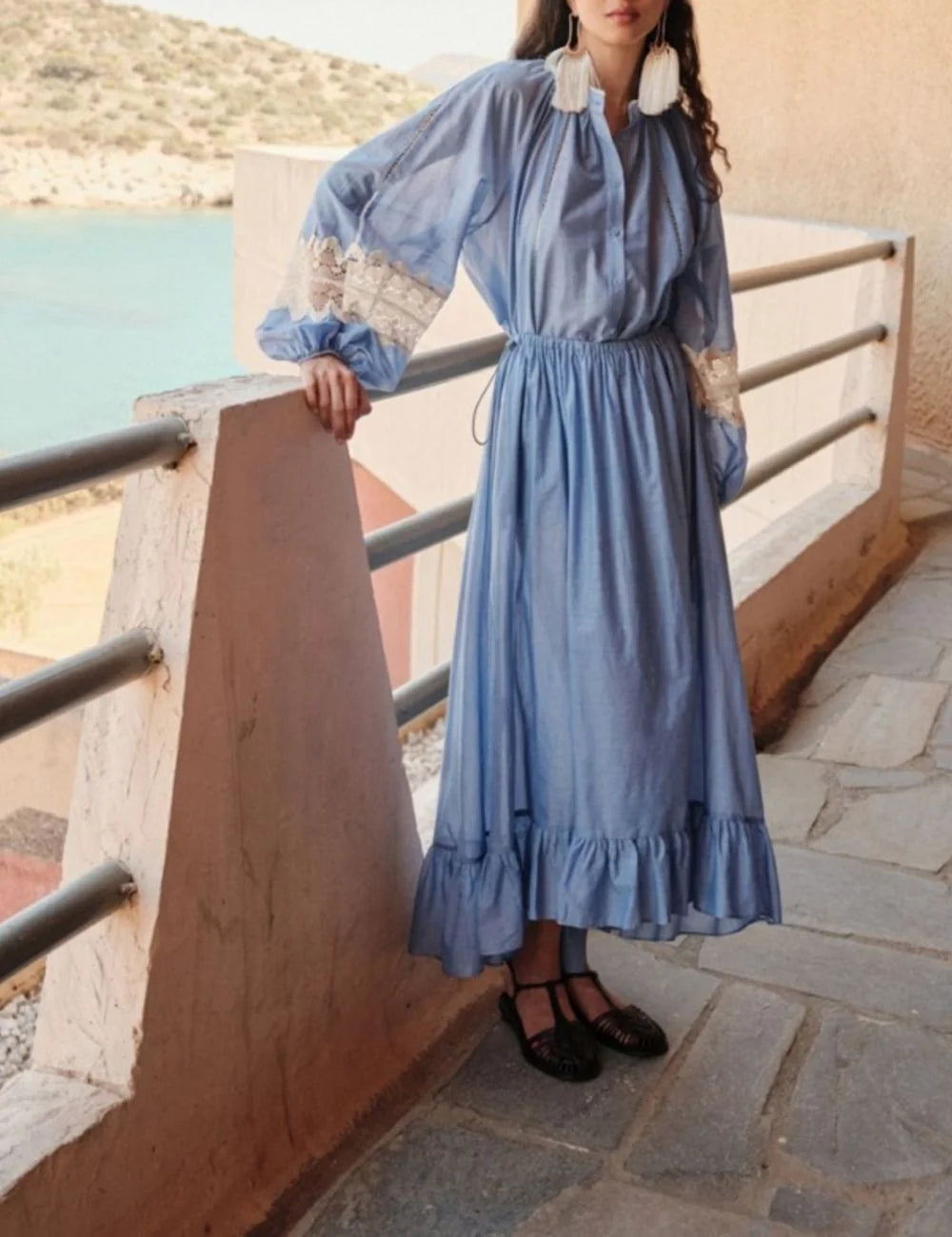 Devotion Twins blouse blue cotton lace voile details airy sleeves front model  view