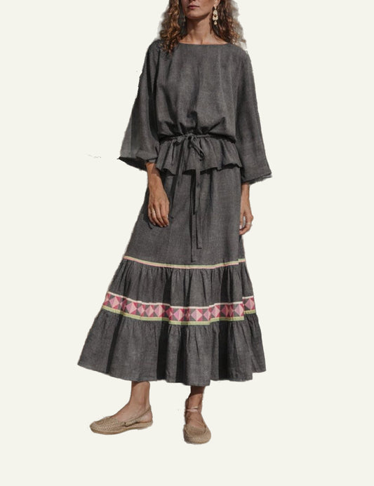 Devotion Twins dress indigo boho midi drawstring waist model outdoor look front model view