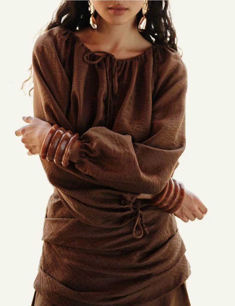 Devotion Twins brown blouse boho loose fit close model view