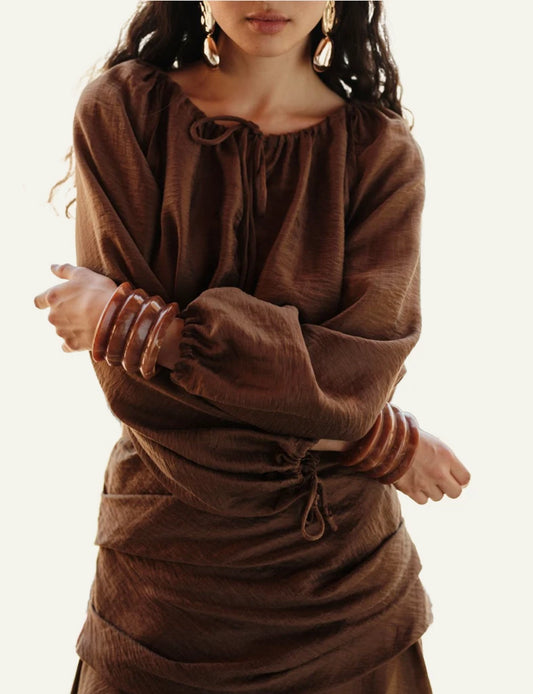Devotion Twins brown blouse boho loose fit close model view