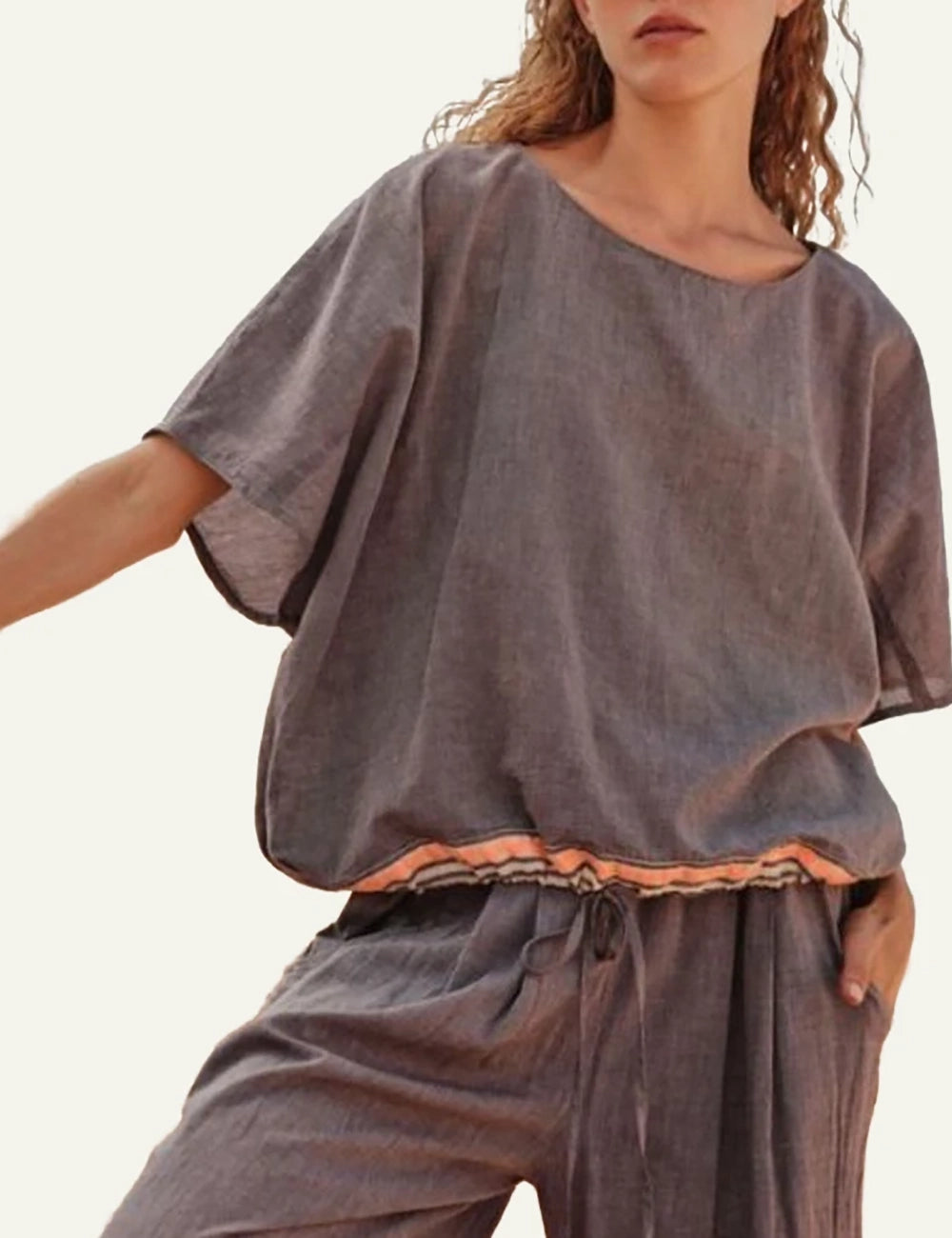 Devotion Twins blouse cotton ink blue loose fit short sleeves front model view