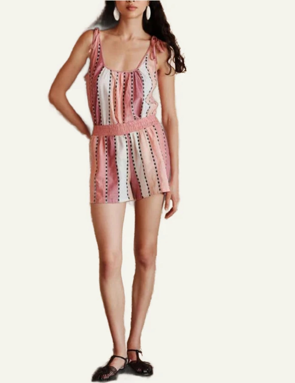 Devotion Twins jacquard blouse straps pink white striped model full body view