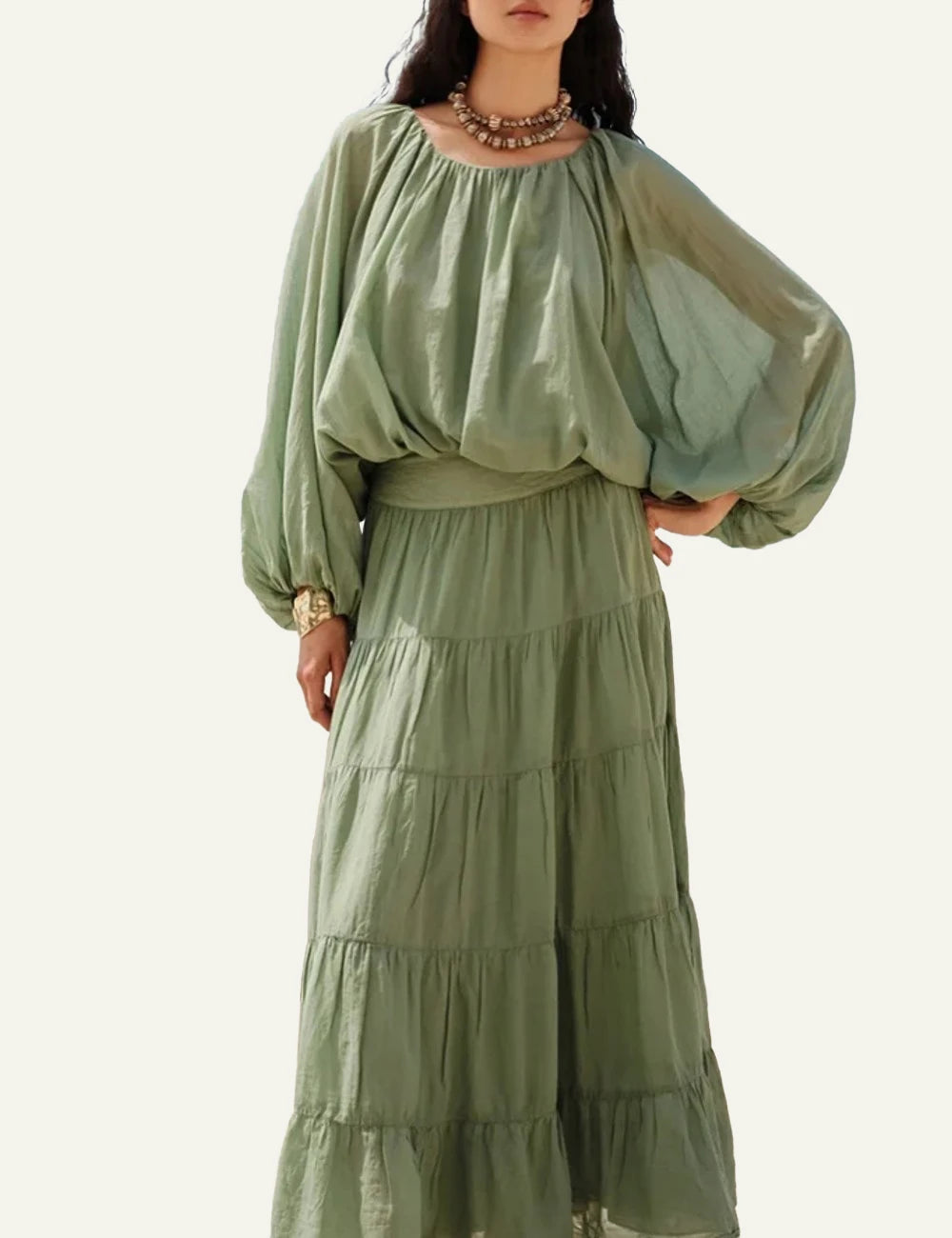 Devotion Twins long sleeve cotton top green airy sleeves loose fit front model view