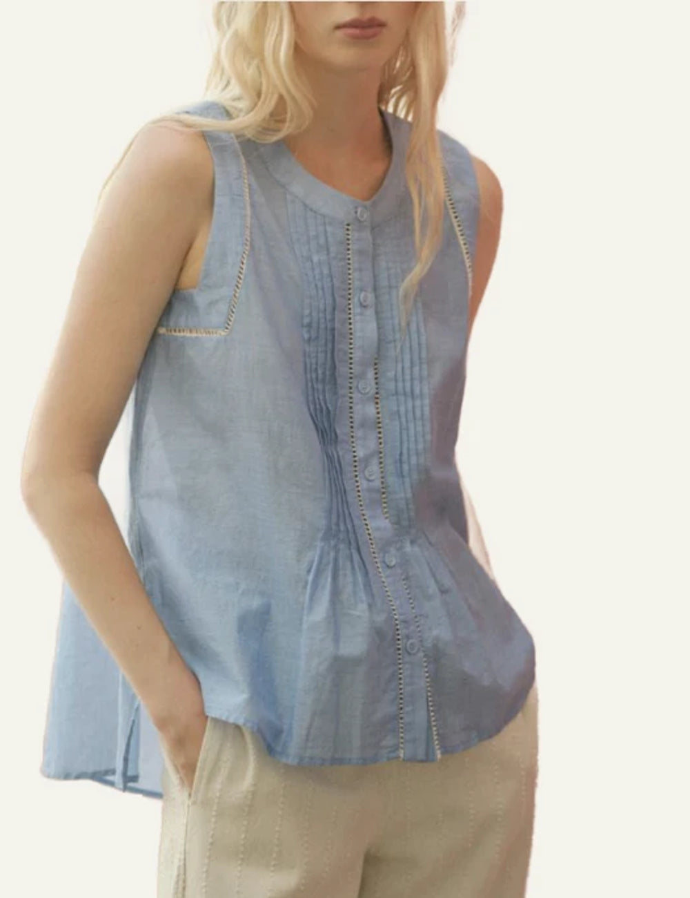 Devotion Twins Muse blue sleeveless voile shirt mao collar lace detail front model view