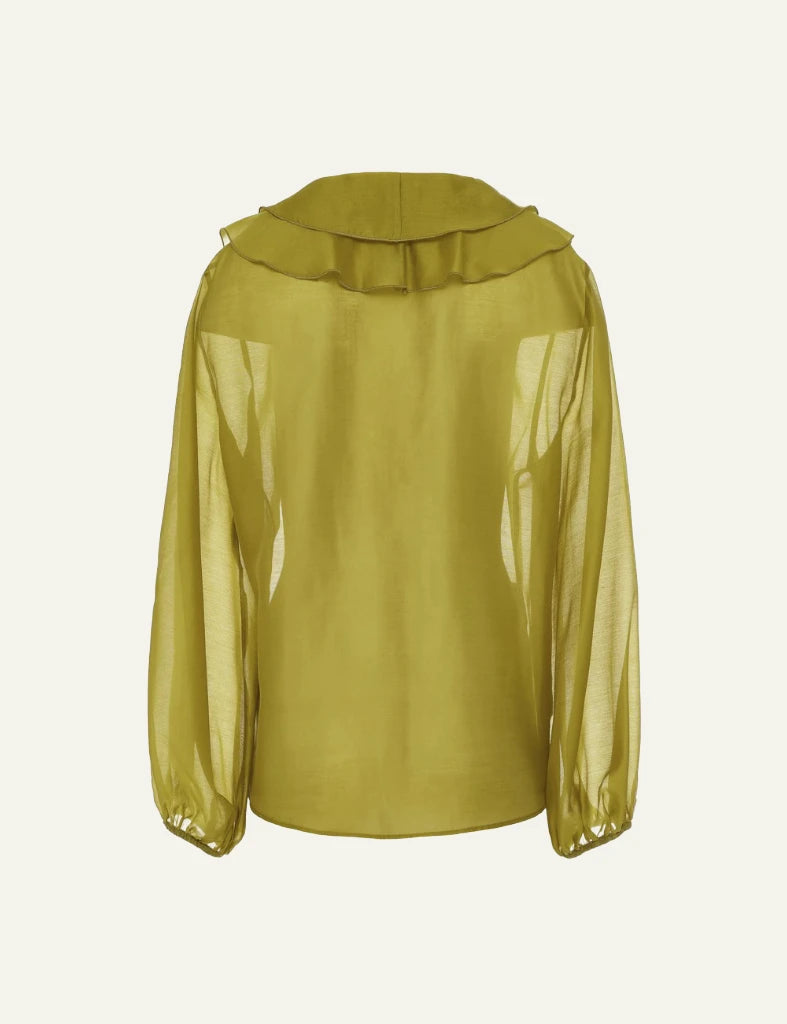 Devotion Twins olive blouse ruffles front sheer long sleeve back flat view