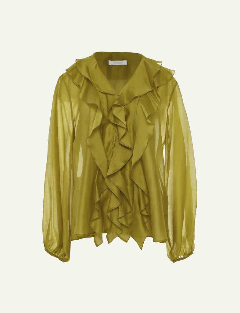 Devotion Twins olive blouse ruffles front sheer long sleeve front flat view