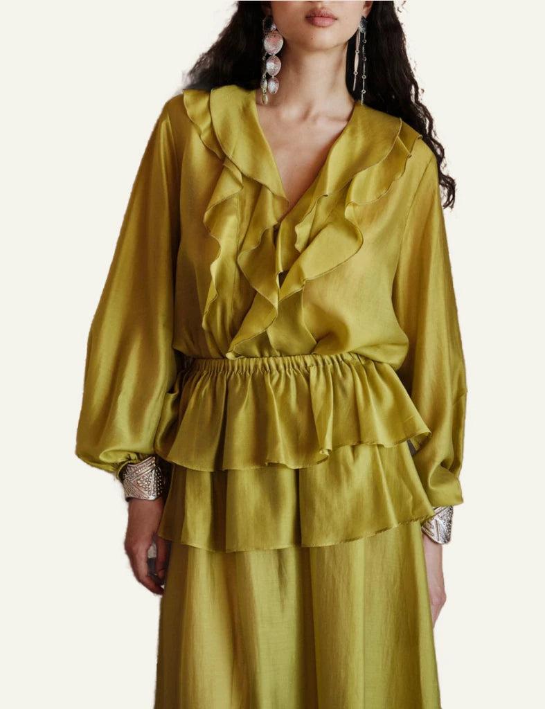 Devotion Twins olive blouse ruffles front sheer long sleeve front model view