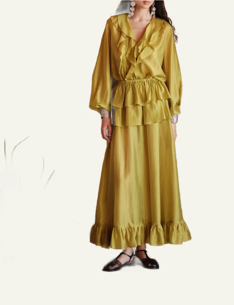 Devotion Twins olive blouse ruffles front sheer long sleeve full body view