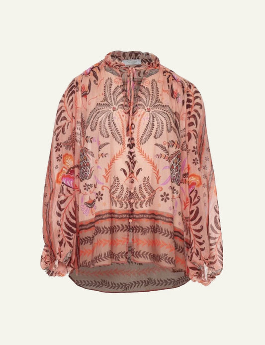 Devotion Twins blouse printed pink brown coral boho loose fit front flat view