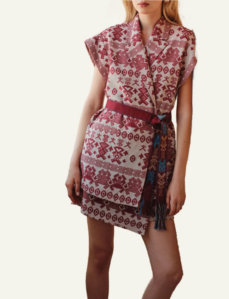 Devotion Twins red jacquard jacket FERM belted front model view