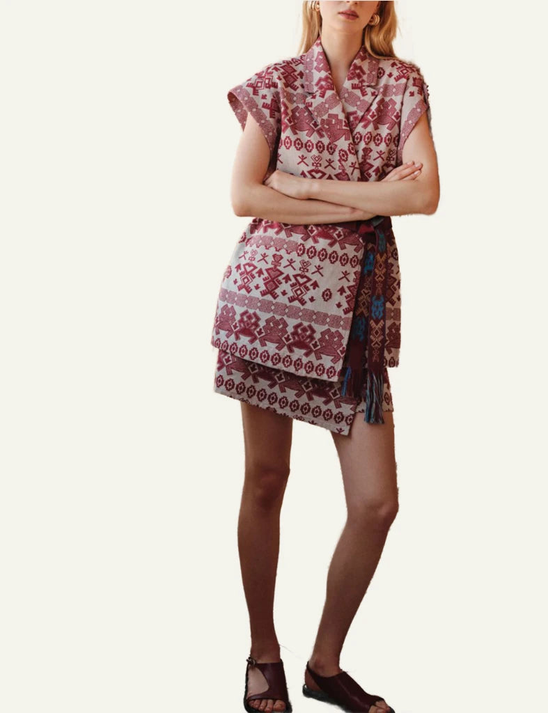 Devotion Twins red jacquard jacket FERM belted full body view
