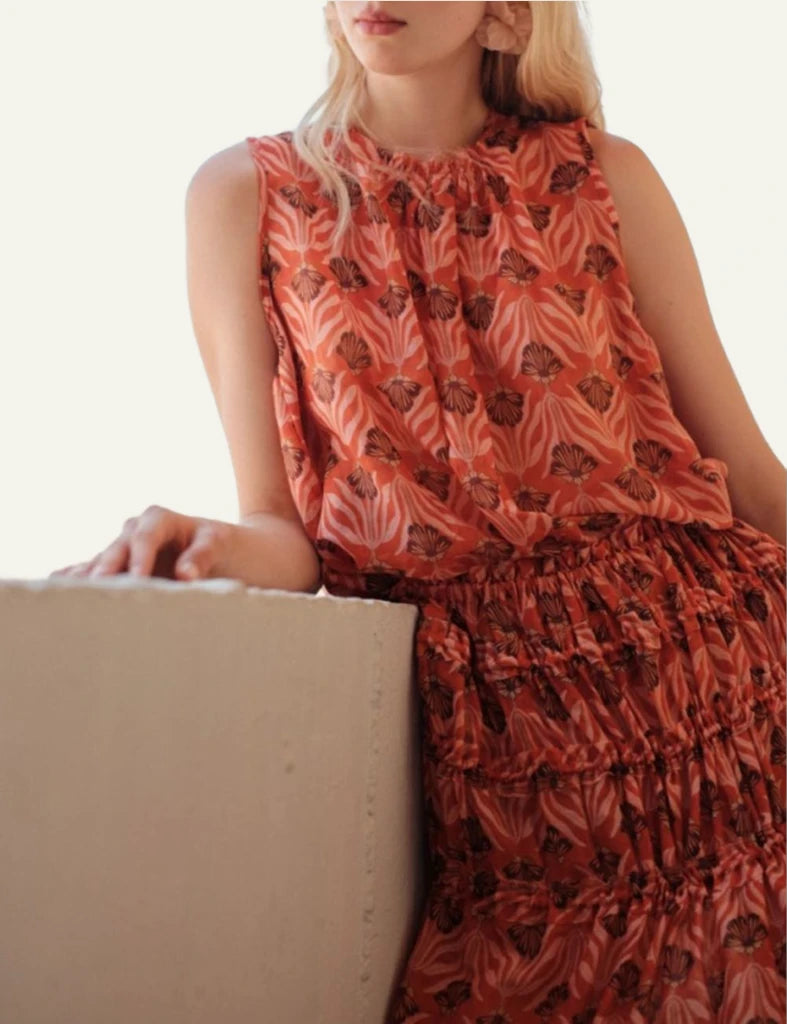 Devotion Twins Seraya blouse coral printed sleeveless loose fit front model view
