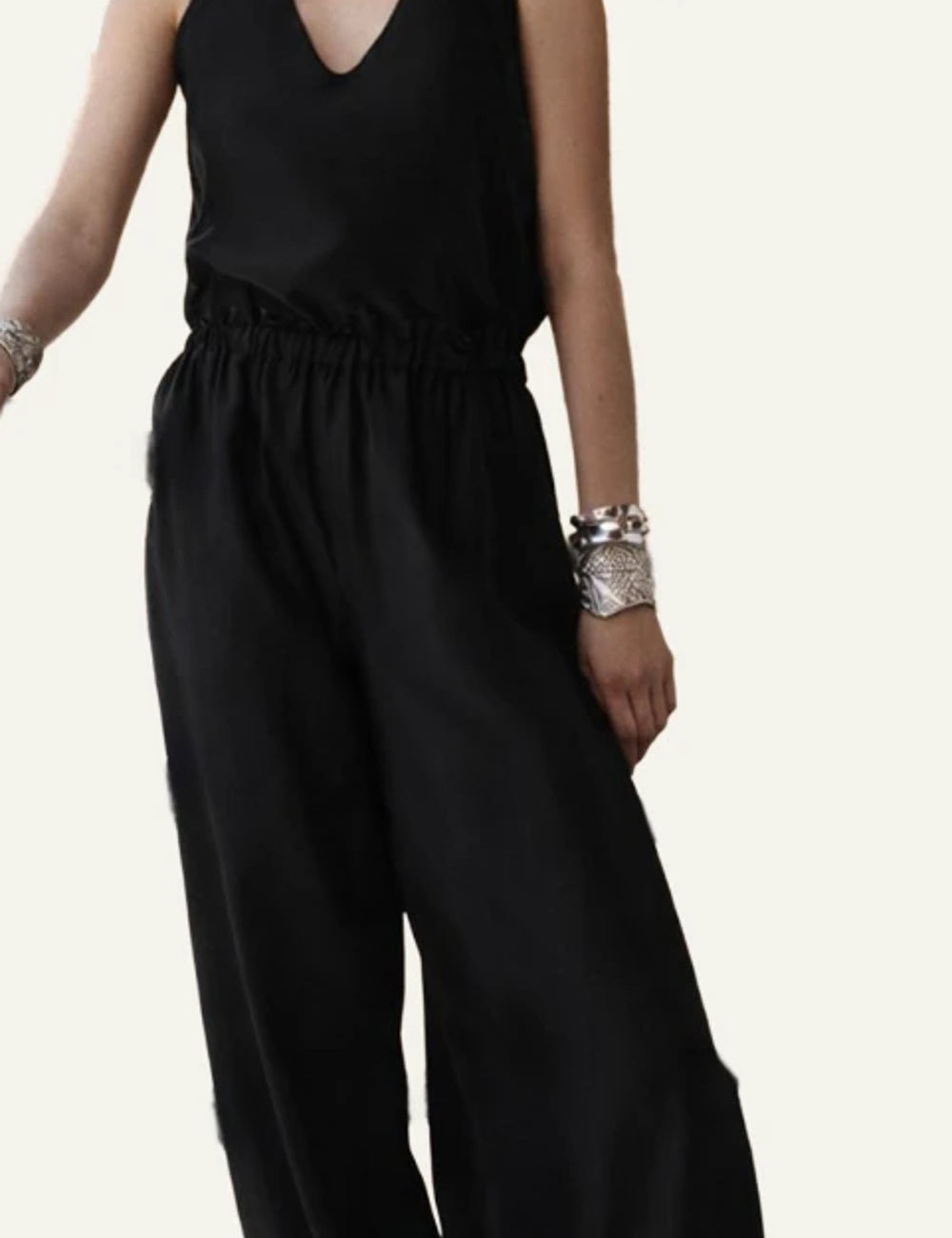 Devotion Twins Silkstone black pants elastic waist ankle detail full body view