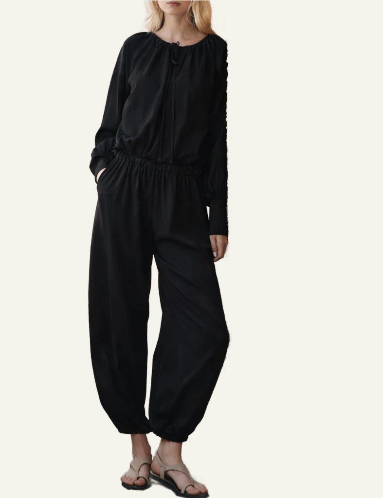 Devotion Twins Silkstone black pants elastic waist ankle detail side model view