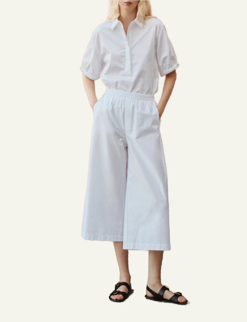 Devotion Twins white poplin set wide leg pants shirt total look front model view