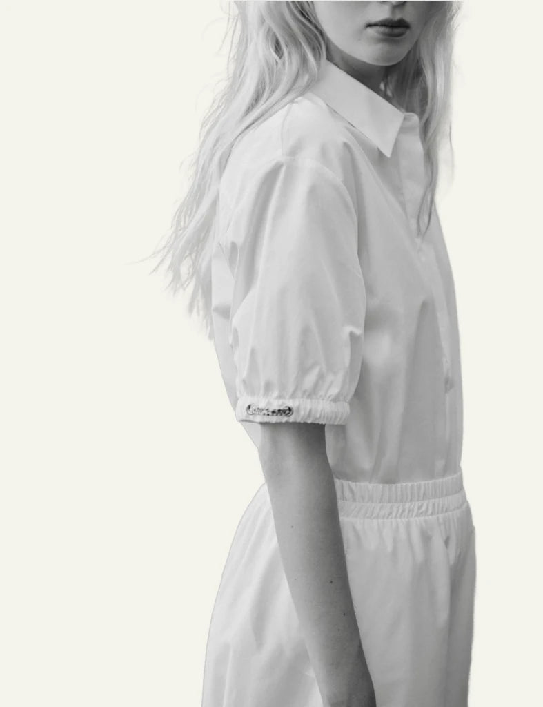 Devotion Twins white poplin set wide leg pants shirt total look side model view