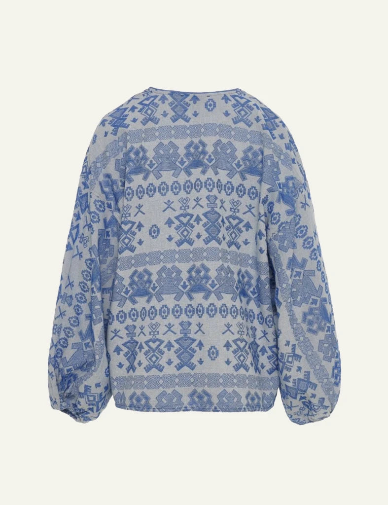 Devotion Twins Wildwood blouse blue jacquard cotton loose fit back flat view